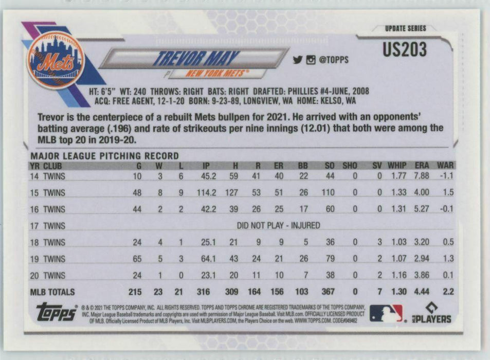 2021 Topps Chrome Sapphire Edition #US203 Trevor May New York Mets - Collectible Craze America