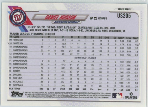 2021 Topps Chrome Sapphire Edition #US205 Daniel Hudson Washington Nationals - Collectible Craze America