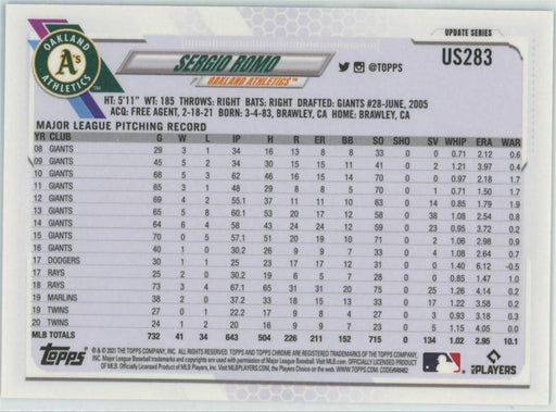 2021 Topps Chrome Sapphire Edition #US283 Sergio Romo Oakland Athletics - Collectible Craze America