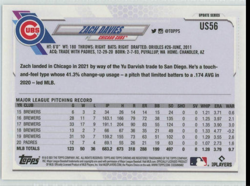 2021 Topps Chrome Sapphire Edition #US56 Zach Davies Chicago Cubs - Collectible Craze America