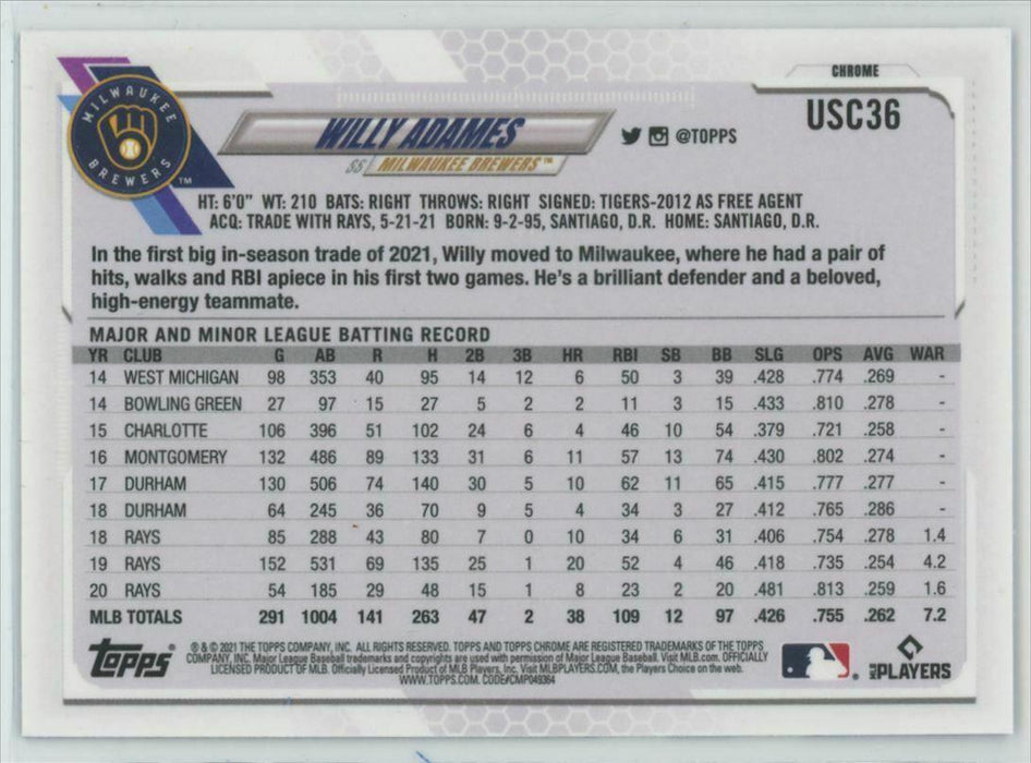 2021 Topps Chrome Update #USC36 Willy Adames Milwaukee Brewers Purple Parallel - Collectible Craze America