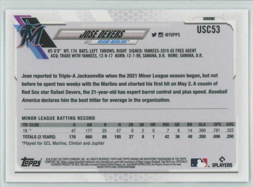 2021 Topps Chrome Update #USC53 Jose Devers RC Miami Marlins Purple Parallel - Collectible Craze America