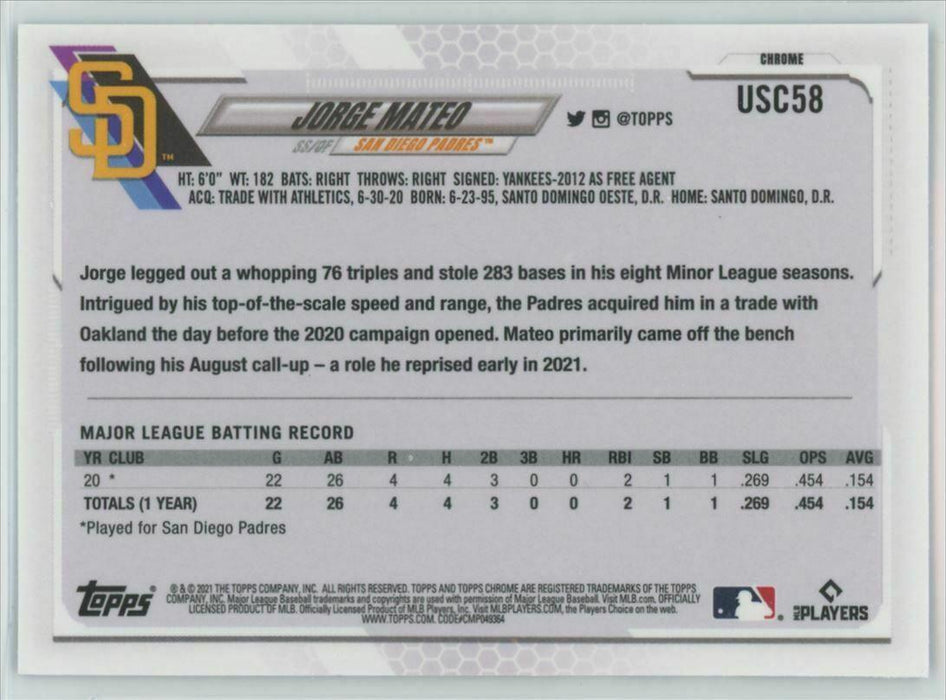 2021 Topps Chrome Update #USC58 Jorge Mateo RC San Diego Padres Purple Parallel - Collectible Craze America