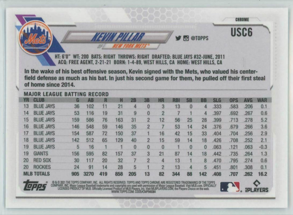 2021 Topps Chrome Update #USC6 Kevin Pillar New York Mets - Collectible Craze America