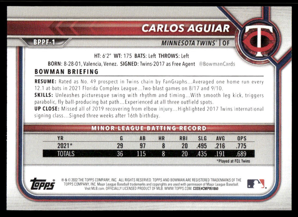 Carlos Aguiar 2022 Bowman First Edition Base Back of Card