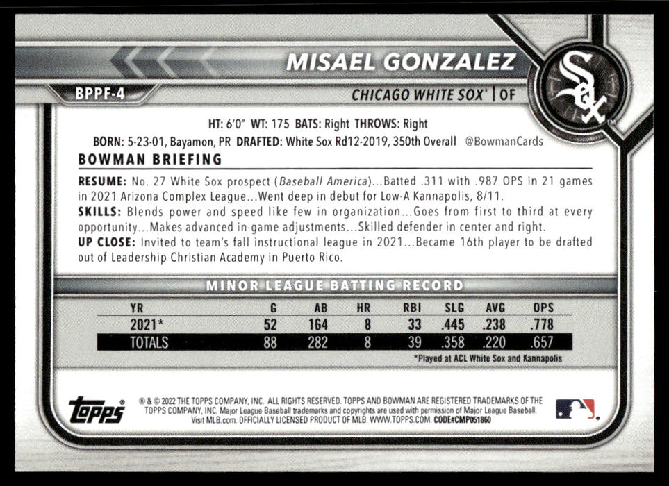 Misael Gonzalez 2022 Bowman First Edition Base Back of Card