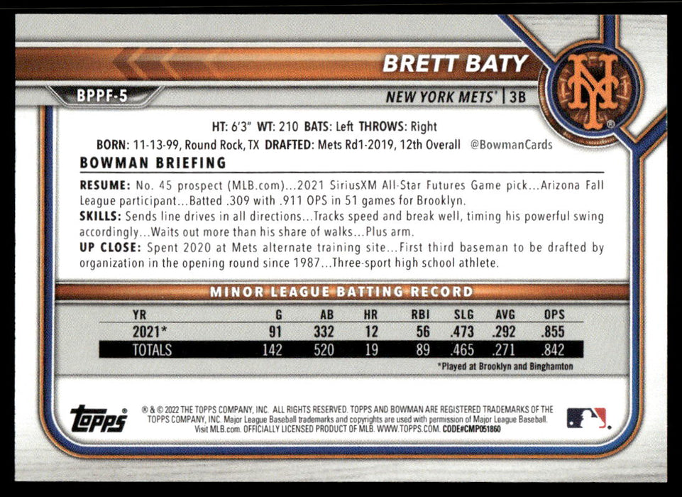 Brett Baty 2022 Bowman First Edition Base Back of Card