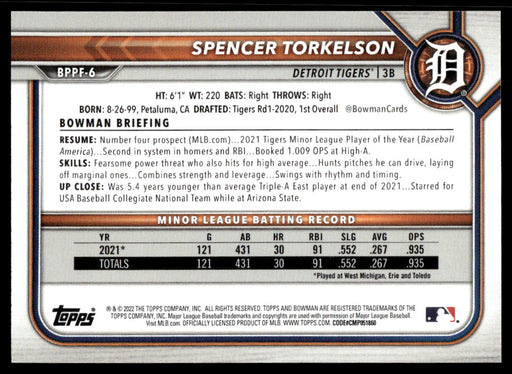 Spencer Torkelson 2022 Bowman First Edition Base Back of Card