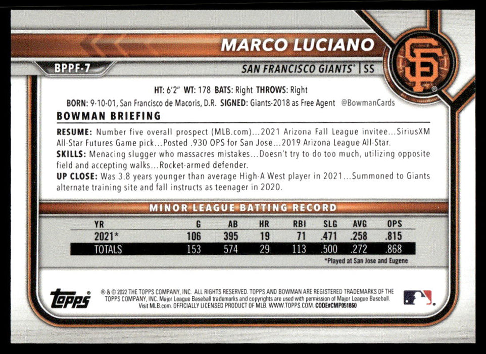 Marco Luciano 2022 Bowman First Edition Base Back of Card