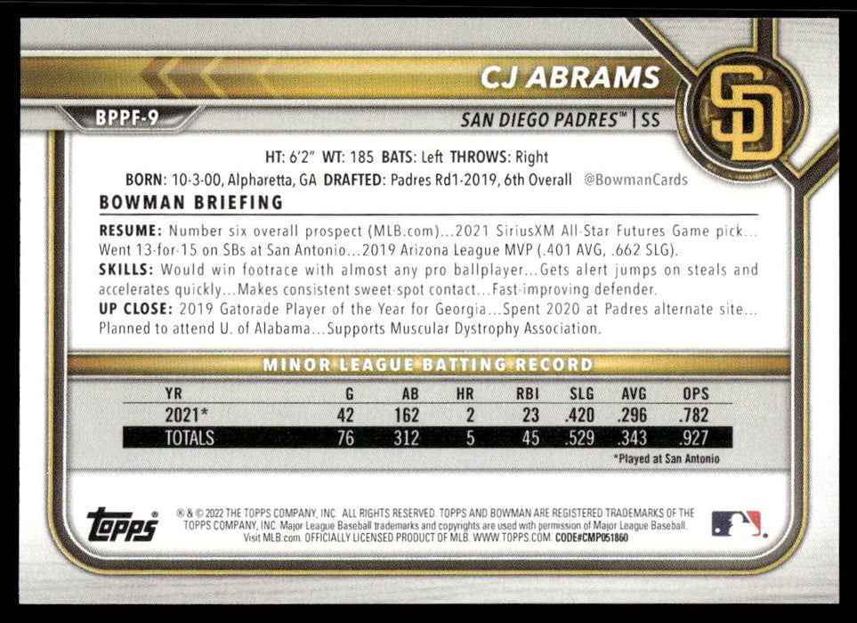 CJ Abrams 2022 Bowman First Edition Base Back of Card