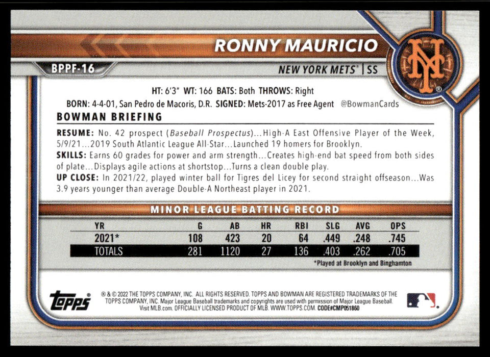 Ronny Mauricio 2022 Bowman First Edition Base Back of Card