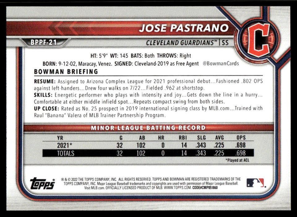 Jose Pastrano 2022 Bowman First Edition Base Back of Card