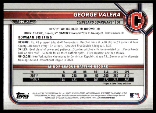 George Valera 2022 Bowman First Edition Base Back of Card