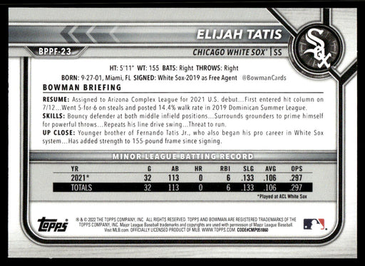 Elijah Tatis 2022 Bowman First Edition Base Back of Card