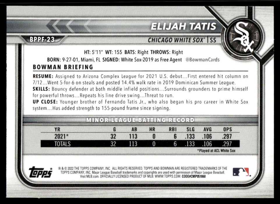 Elijah Tatis 2022 Bowman First Edition Base Back of Card