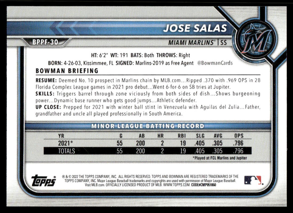 Jose Salas 2022 Bowman First Edition Base Back of Card