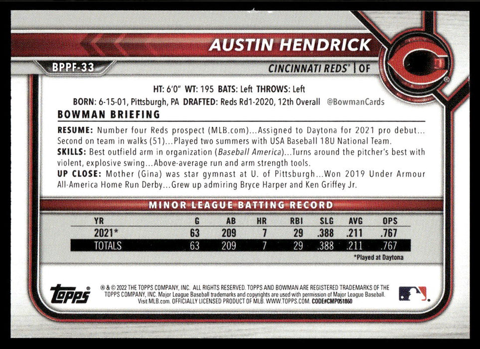 Austin Hendrick 2022 Bowman First Edition Base Back of Card