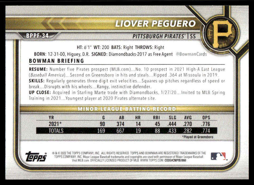 Liover Peguero 2022 Bowman First Edition Base Back of Card