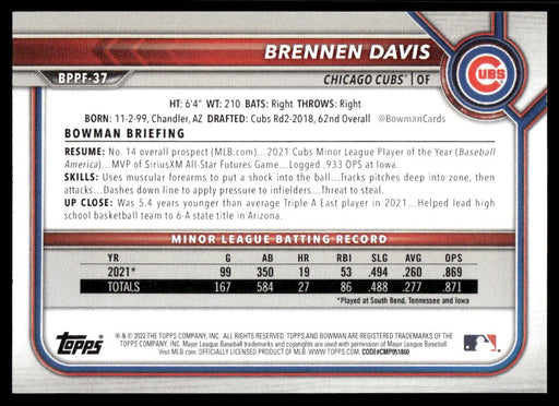 Brennen Davis 2022 Bowman First Edition Base Back of Card