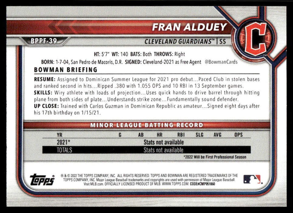 Fran Alduey 2022 Bowman First Edition Base Back of Card