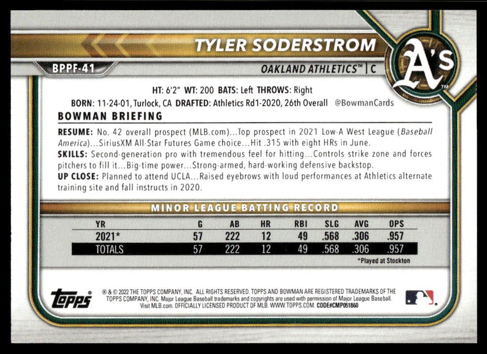 Tyler Soderstrom 2022 Bowman First Edition Base Back of Card