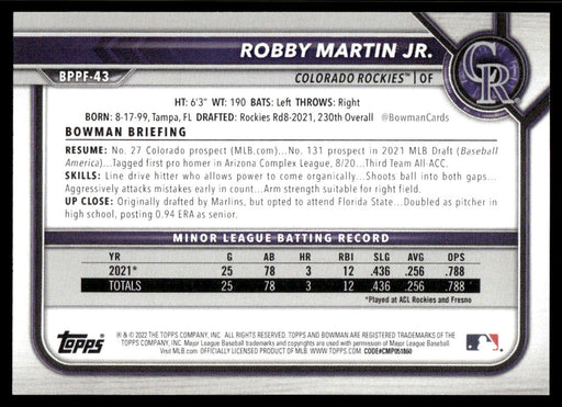 Robby Martin Jr. 2022 Bowman First Edition Base Back of Card