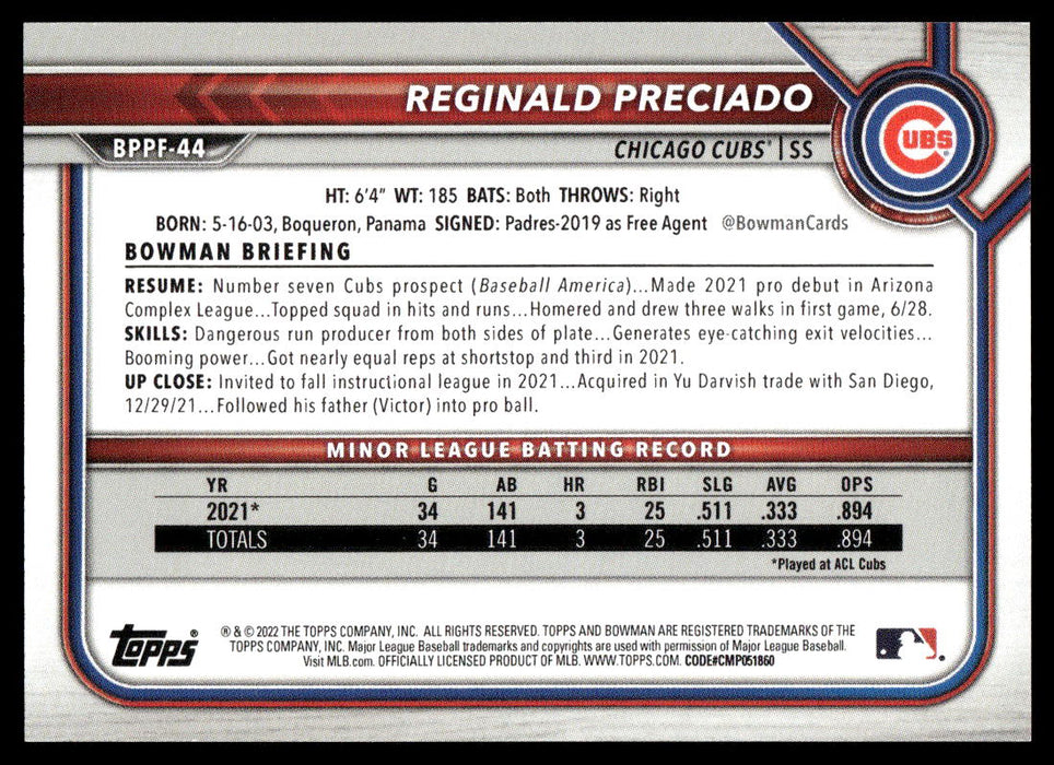 Reginald Preciado 2022 Bowman First Edition Base Back of Card