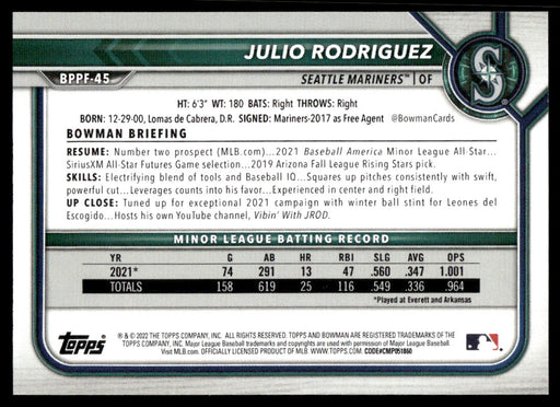 Julio Rodriguez 2022 Bowman First Edition Base Back of Card