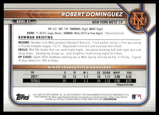 Robert Dominguez 2022 Bowman First Edition Base Back of Card