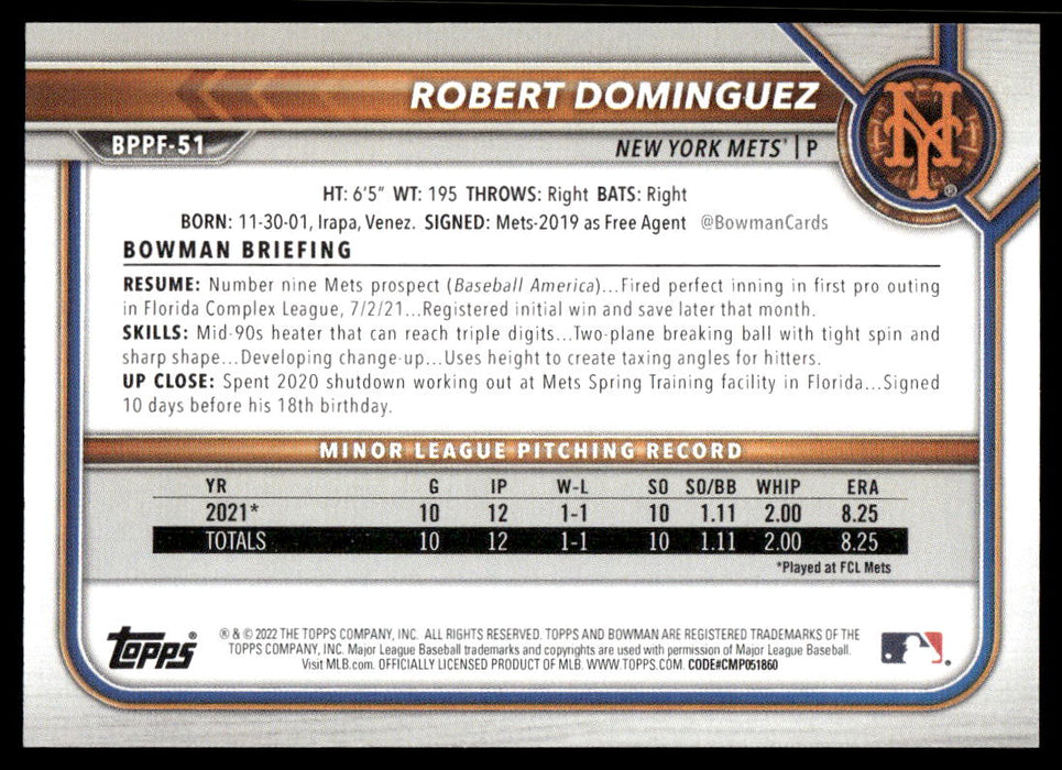 Robert Dominguez 2022 Bowman First Edition Base Back of Card