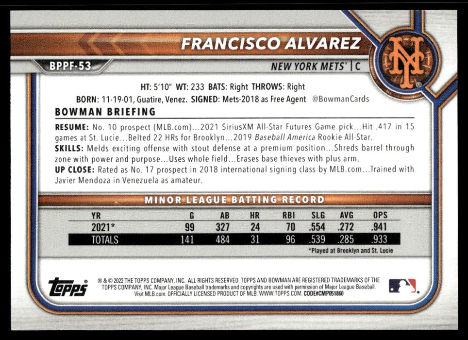 Francisco Alvarez 2022 Bowman First Edition Base Back of Card