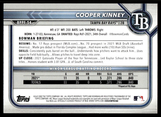 Cooper Kinney 2022 Bowman First Edition Base Back of Card