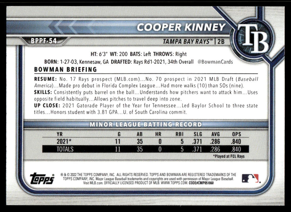 Cooper Kinney 2022 Bowman First Edition Base Back of Card