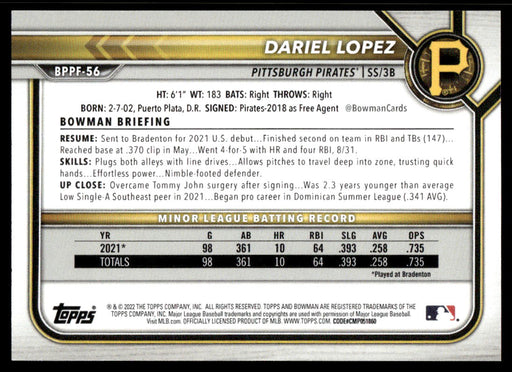 Dariel Lopez 2022 Bowman First Edition Base Back of Card