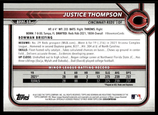 Justice Thompson 2022 Bowman First Edition Base Back of Card