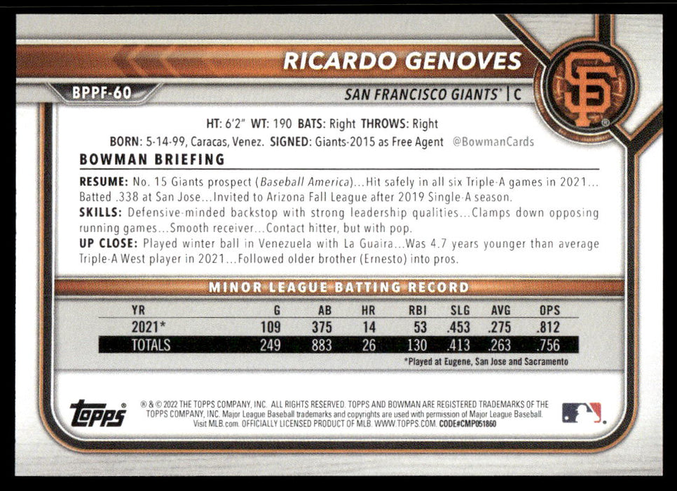 Ricardo Genoves 2022 Bowman First Edition Base Back of Card