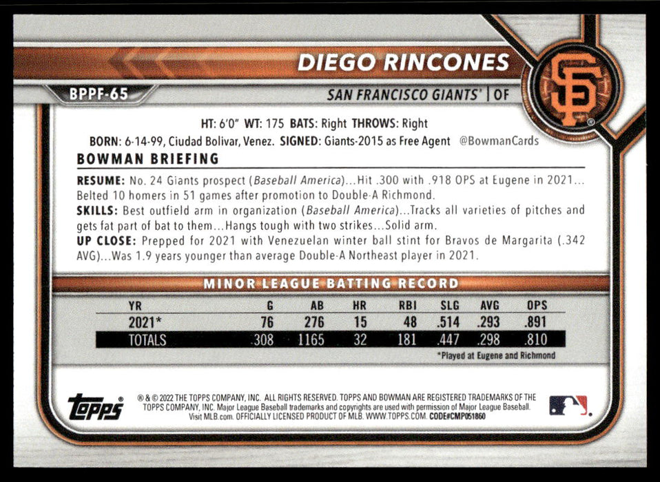 Diego Rincones 2022 Bowman First Edition Base Back of Card