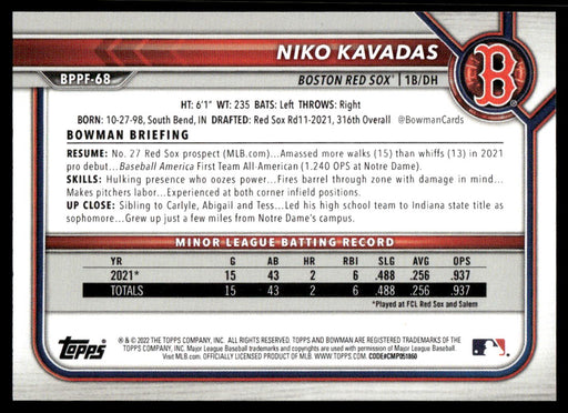 Niko Kavadas 2022 Bowman First Edition Base Back of Card