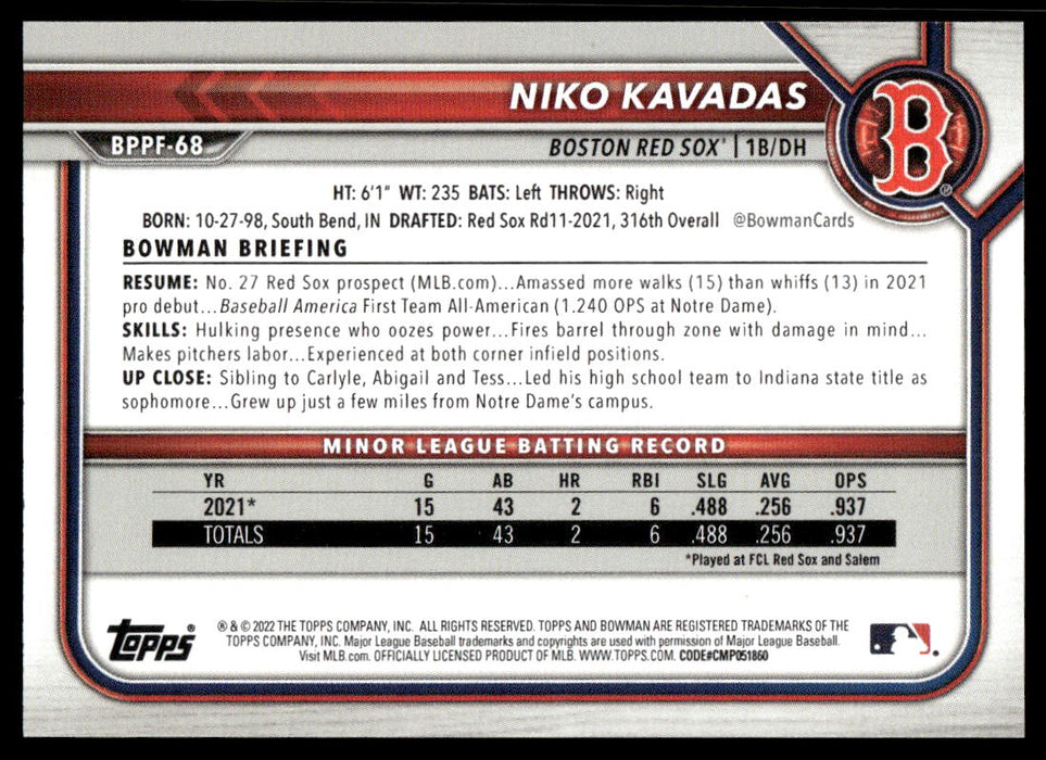 Niko Kavadas 2022 Bowman First Edition Base Back of Card