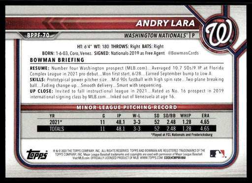 Andry Lara 2022 Bowman First Edition Base Back of Card