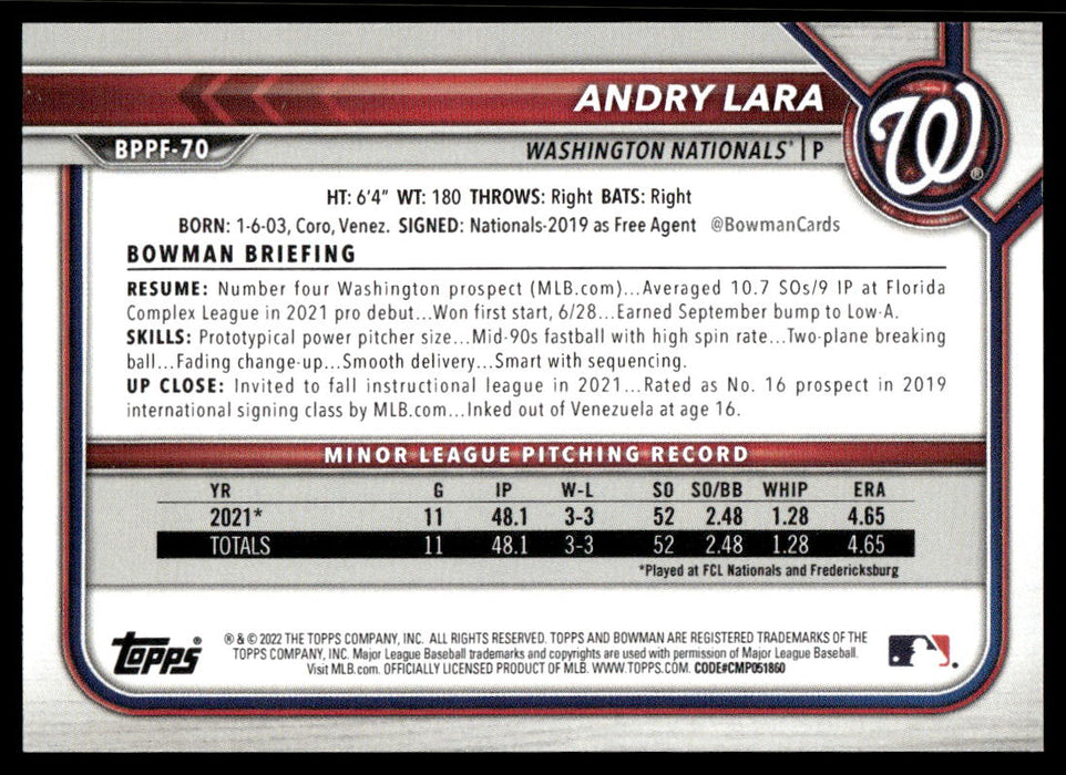 Andry Lara 2022 Bowman First Edition Base Back of Card