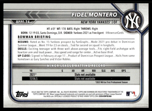 Fidel Montero 2022 Bowman First Edition Base Back of Card