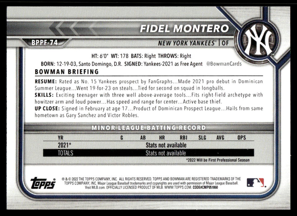 Fidel Montero 2022 Bowman First Edition Base Back of Card