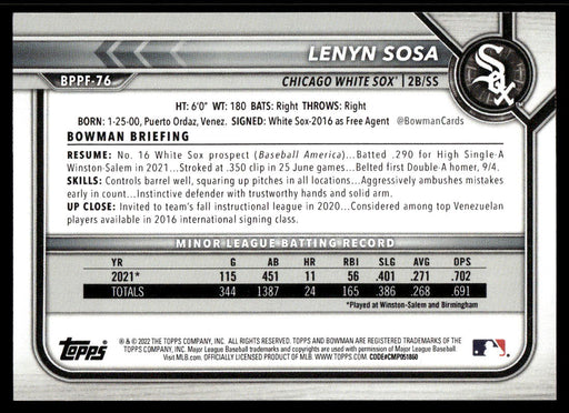 Lenyn Sosa 2022 Bowman First Edition Base Back of Card