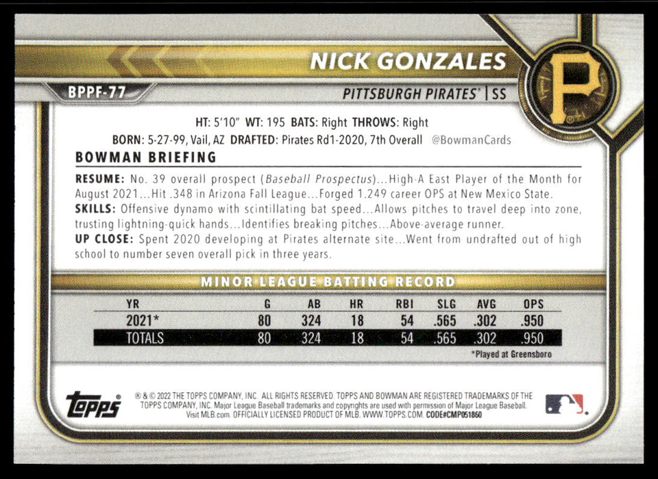 Nick Gonzales 2022 Bowman First Edition Base Back of Card