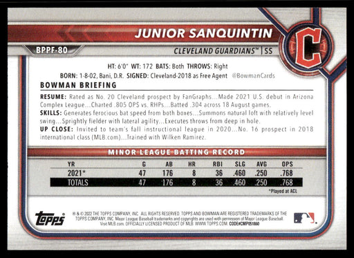 Junior Sanquintin 2022 Bowman First Edition Base Back of Card