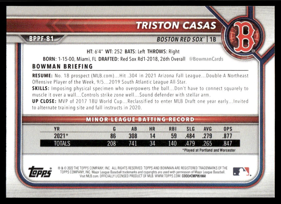 Triston Casas 2022 Bowman First Edition Base Back of Card