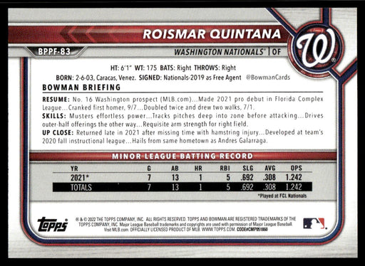 Roismar Quintana 2022 Bowman First Edition Base Back of Card