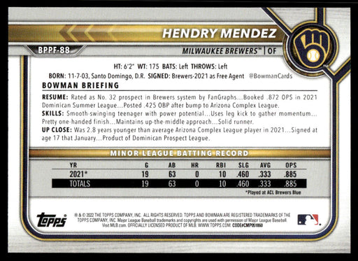 Hendry Mendez 2022 Bowman First Edition Base Back of Card