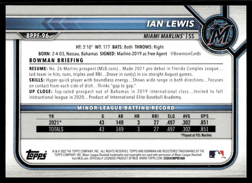 Ian Lewis 2022 Bowman First Edition Base Back of Card